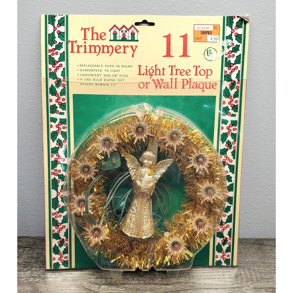 Vintage Christmas Tinsel Tree Topper 11 Lights Angel Wreath The Trimmery Works!